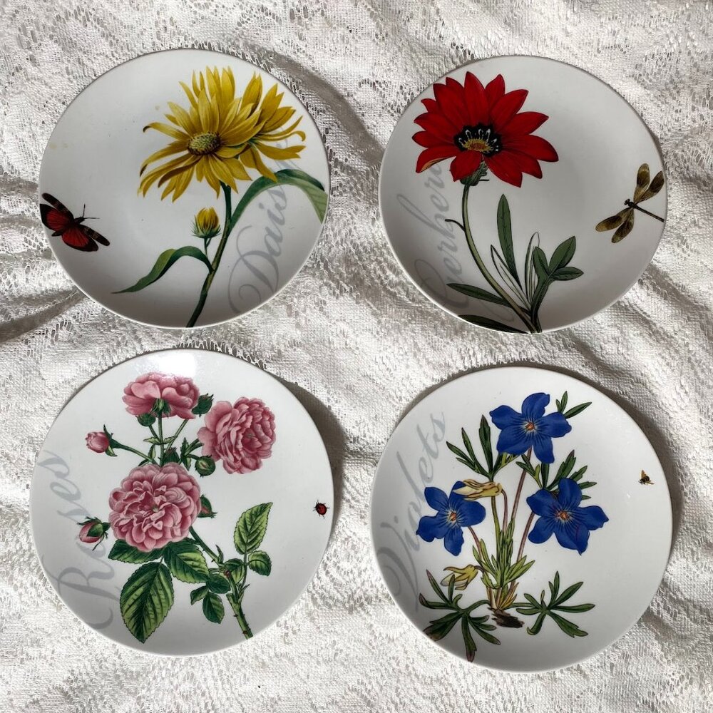 Pier 1 Imports Flowers Salad Plate - Set of 4, Various Flowers & Insects, White
